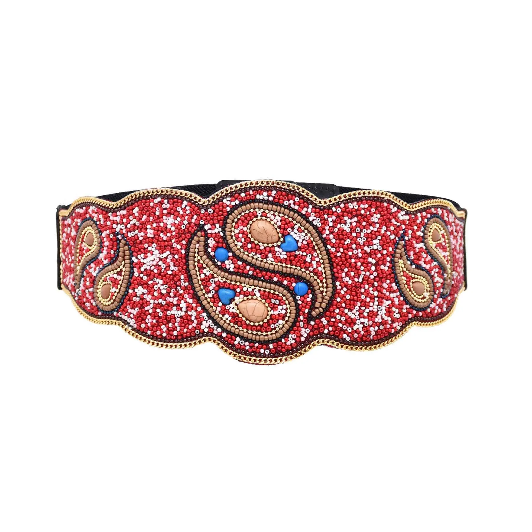 Beads Women Belt Colorful Acrylic Ethnic Elastic Statement Waist Belts Vintage Red Leather