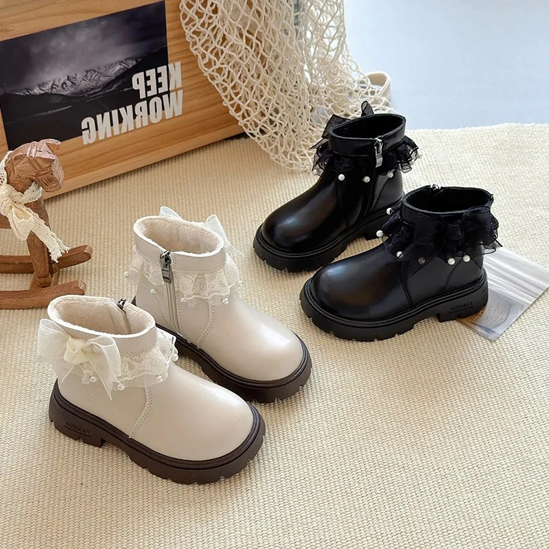 

Girls Ankle Boots Versatile Fashion Suede Warm Kids Princess Boots with Sweet Lace Bows 2025 Autumn Winter New Girls Short Boots