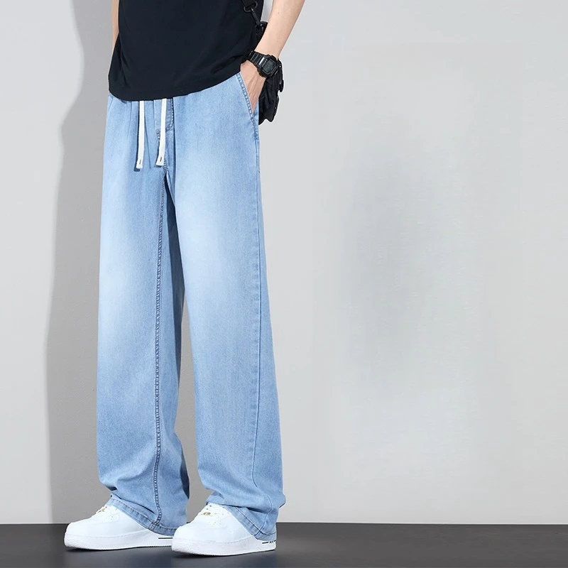 

Summe New Men's Drawstring Jeans Loose Straight Leg Floor-Length Elastic Waist Trendy Casual Wide Leg Long Comfortable Trousers