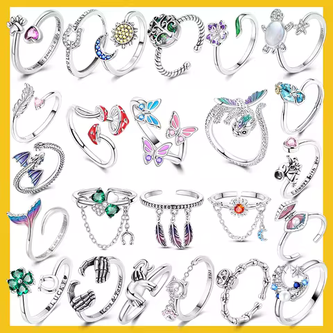 Original 925 Sterling Silver Woman Open Rings Sparkling Fire Dragon Iris Four-leaf Clover Wedding Ring Girls Jewelry Anniversary