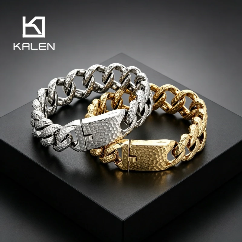 Kalen 20mm Stainless Steel Hammered Cuban Bracelet for Men Vintage Punk Thick Biker Party Jewelry Hip Hop Wristband Gifts