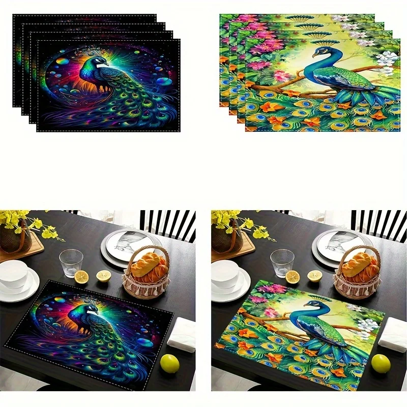 2pcs, Linen Placemats, Colorful Peacock Pattern Placemats For Party Kitchen Dining Decoration Room Decor, Gift