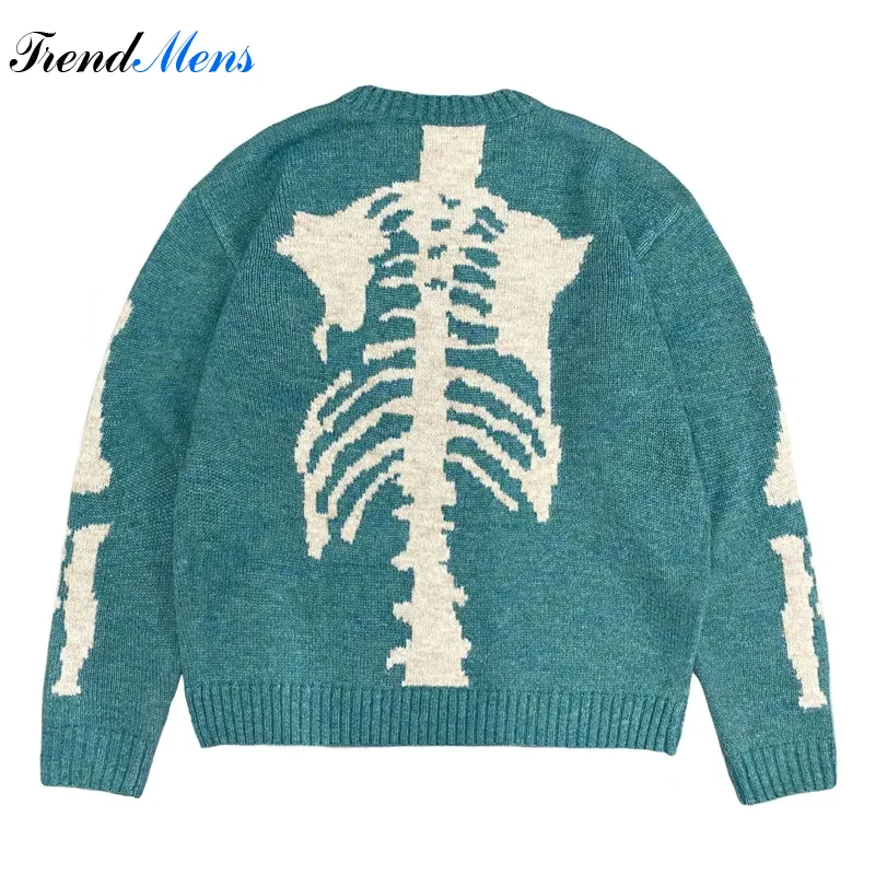 Vintage Round Neck Loose Skeleton Sweater Men\'s Casual Fashion Knitwear Couple Street Harajuku Comfortable Pullover Ropa Hombre