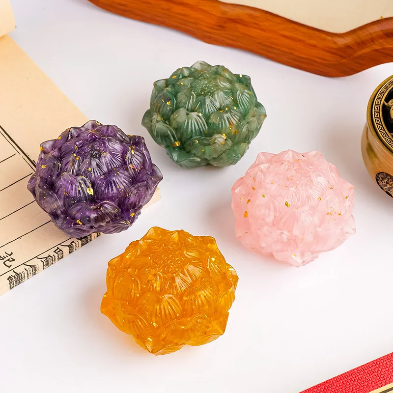 Natural Crystal Chipped Lotus Ornament Amethyst, Citrine & Rose Quartz Lotus Home Zen Wealth-Attracting Mini SculptureDecor