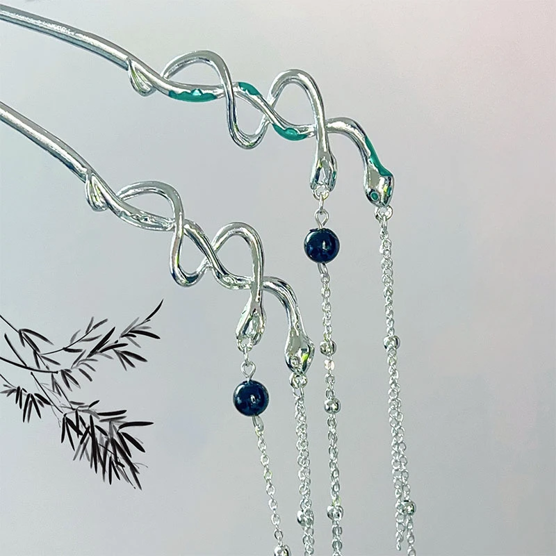 Cold Ancient Style Twin Snake Hairpin Fashionable and Luxurious New Chinese Style Tassel Step Shaking Liquid Hair Accessory