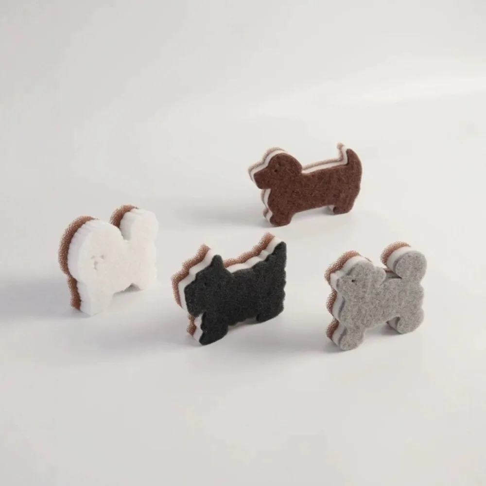 4pcs 3-Layer Dog Shape Sponge Scrubber Non-Scratch Cartoon Dual Sided Kitchen Brush Oil Removal Dishwash Puppy Sponge Rub
