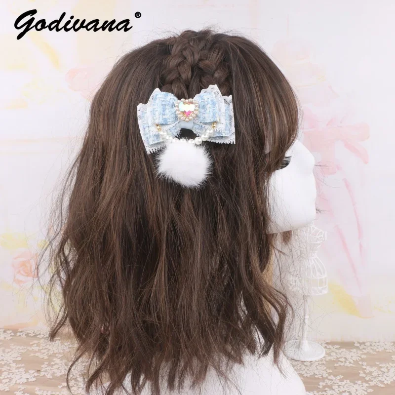 Handmade Japanese Mine Sweet Love Rhinestone Beaded Lace Bow Pair of Clip Side Cute Girl Women's Fur Ball Hair Clip Hairpins