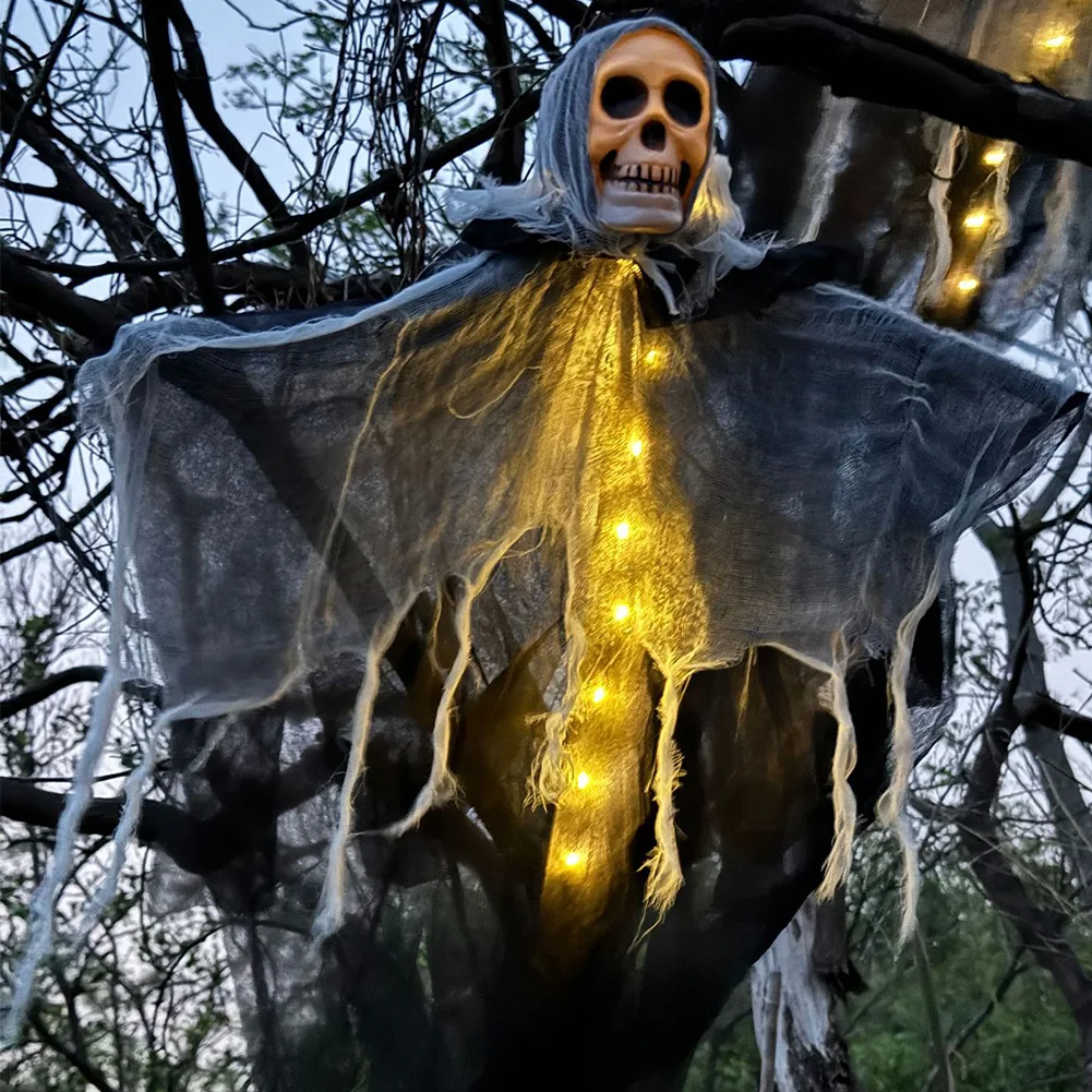 

Halloween Glowing Skull Skeleton w/ LED Lights Grim Reapers Patio Porch Skull Prop for Haunted House Halloween Party Decoration