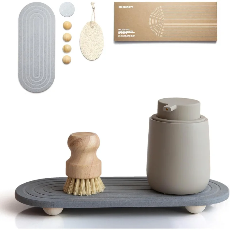 Organizador de secado instantáneo: bandeja de piedra absorbente de agua para encimera de cocina y baño, carrito para fregadero de secado rápido (con madera)