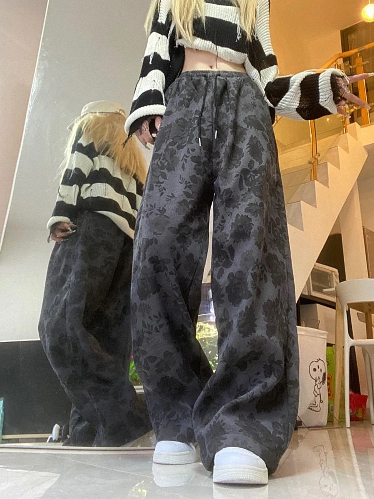 Zoki Retro Print Y2K Corduroy Pants Women High Waist Loose American Trousers Harajuku Streetwear Vintage Bf Casual Hip Hop Pants