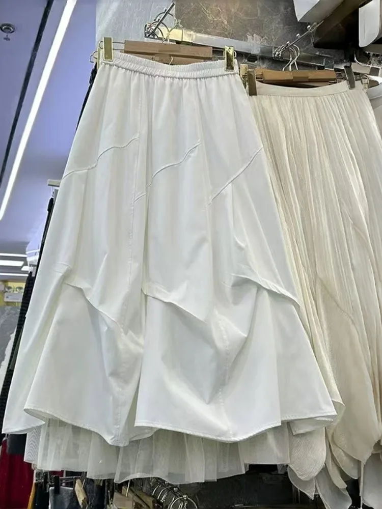 Fashionable Casual Asymmetrical Pleated High Waist Slimming Young-looking Mid-length A-line Skirt Women Spring Season