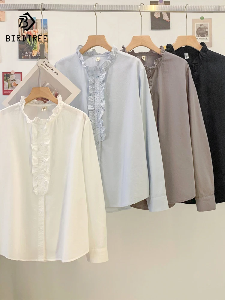 

New 2026 Spring Women Cotton Long Sleeve Shirt, Ruffled Buttons Patchwork, Mori Girl French Temperament Loose Blouse T61782CC
