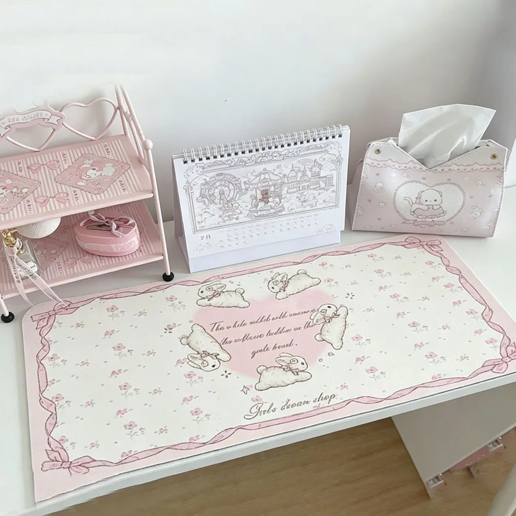 Leather Desk Pad Protector Gradient Pink Bunny Floral Bow Rabbit Y2K ins Angel Mouse Pad Office Desk Mat PU Desk Blotter Pad