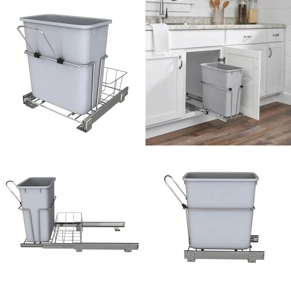 

20 Quart Pullout Cabinet Metal Wire Trash Can with Rear Basket for Waste Disposal and Organization