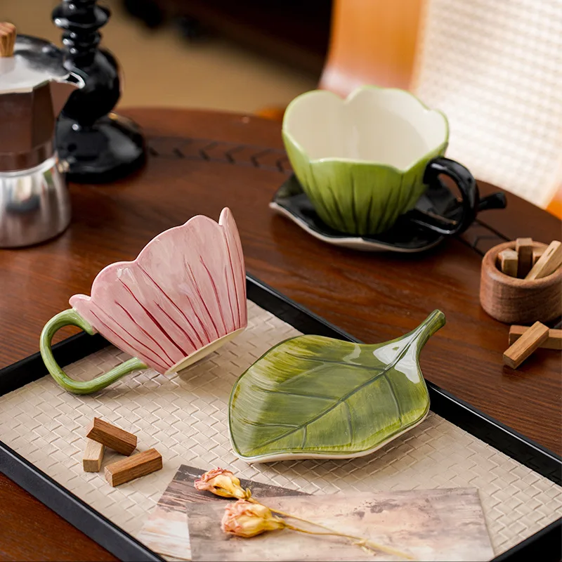 Irregular Hand-painted Coffee Cup Dish Set Exquisite Office Afternoon Tea Mugs Fashion Flower Ceramic Mug Leaves Plates Drinkwar