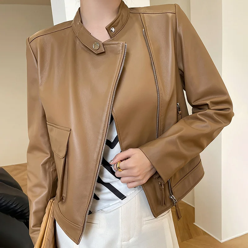 

2023 New Trends Women's Genuine Sheepskin Leather Jacket Real Lambskin Sheep Leather Coat CL4033