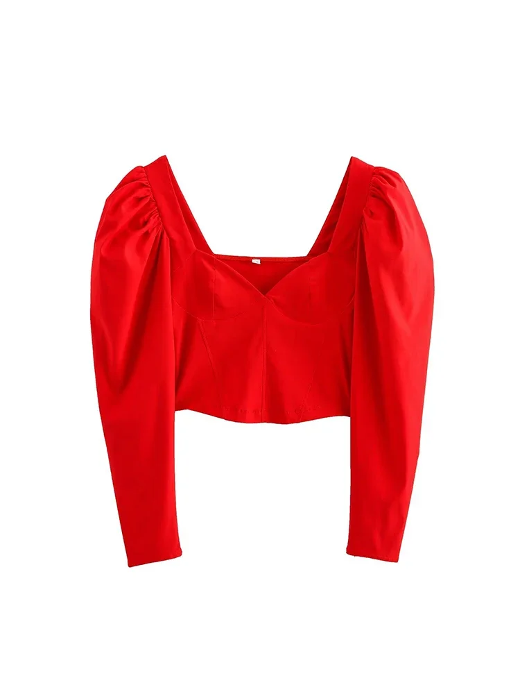 

Willshela Women Fashion Red Backless Cropped Shirts Vintage Heart Neck Long Puff Sleeves Female Chic Lady Blouse Tops
