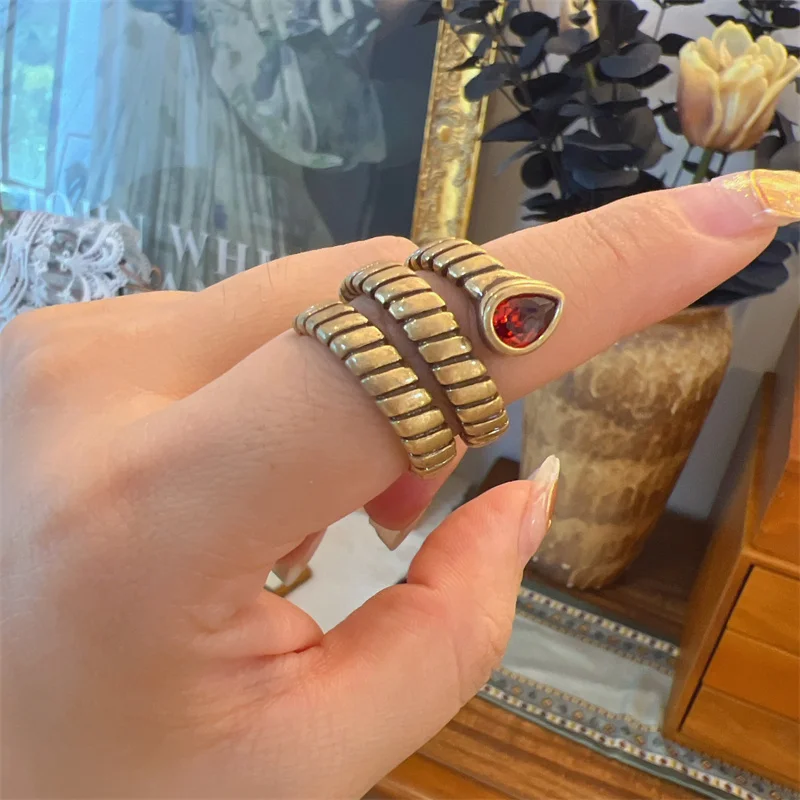 Retro Red Crystal Spiral Snake Bone Ring for Women