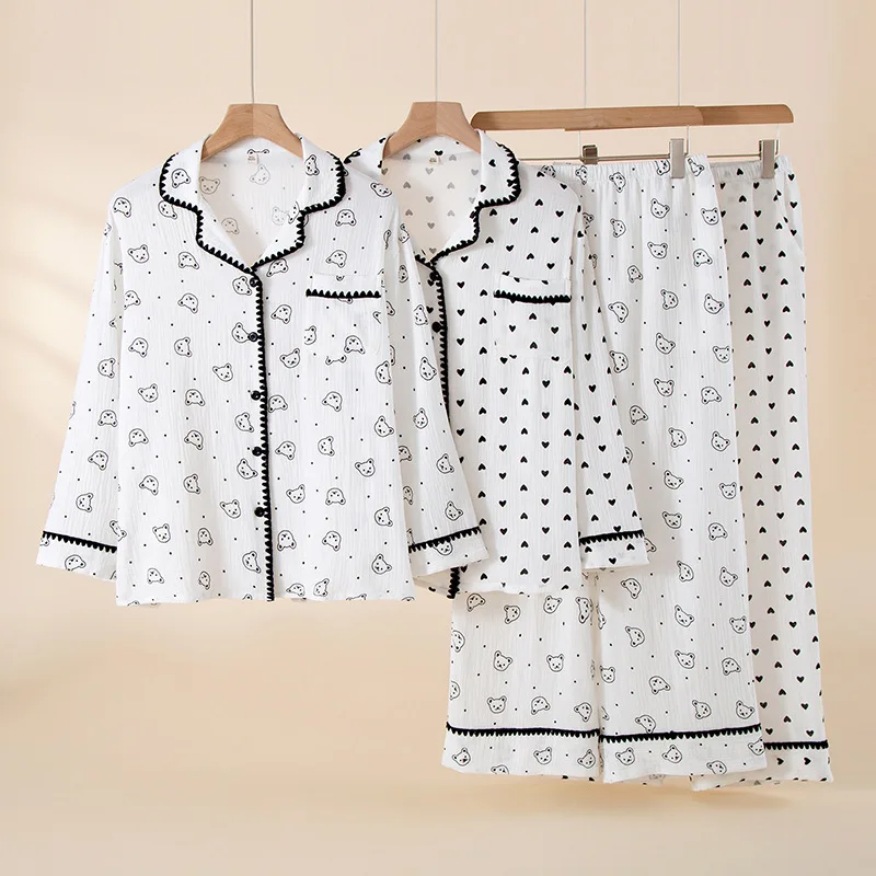 

Spring Bear and Heart Printed Cotton Crepe 2 Pcs Pajamas Set Cartoon Style Long-sleeved Long Trousers Pijamas Women Clothes