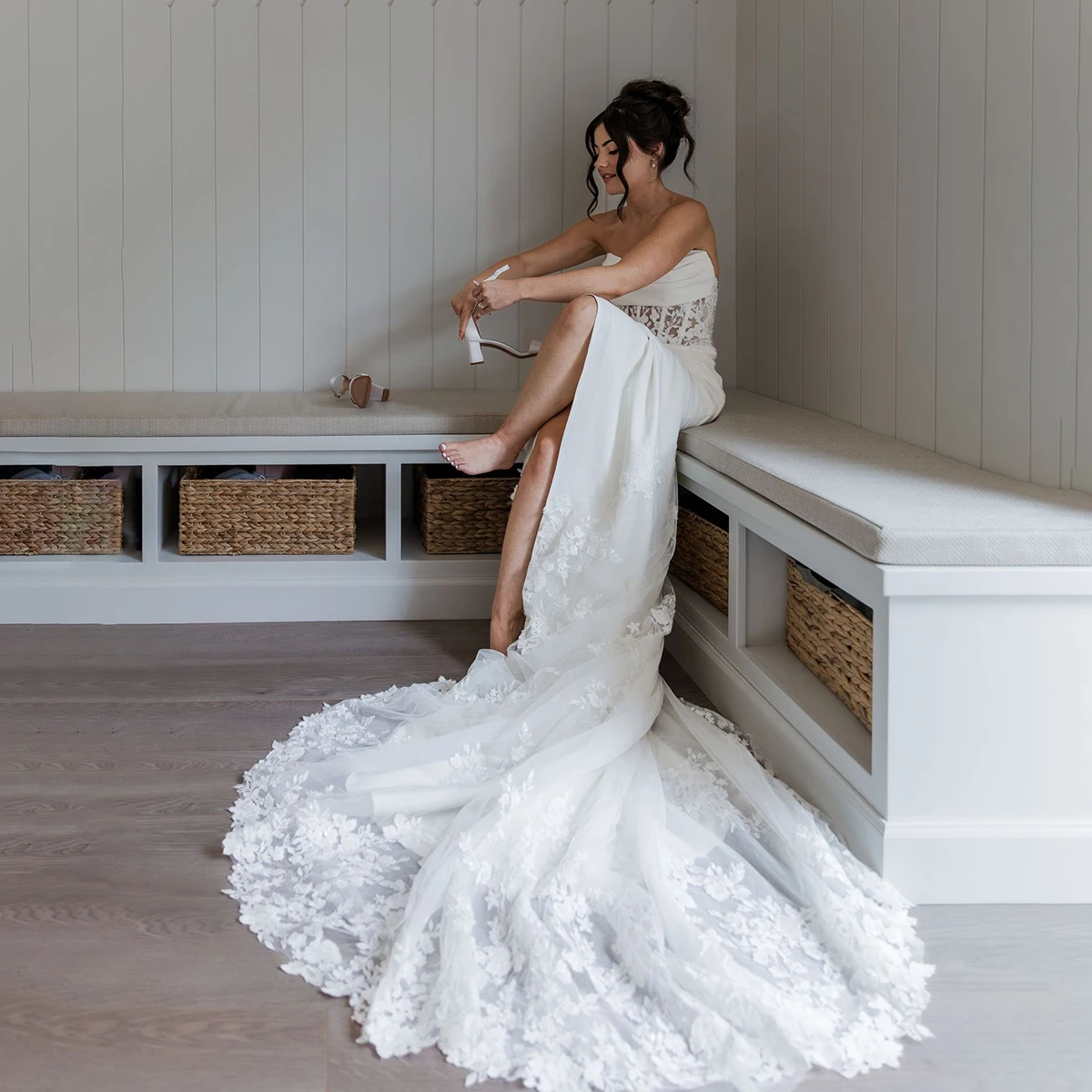 Fitted Crepe Floral Lace Wedding Dress Cowl Draped Neckline Customized Luxe Sheer Corset Strapless Graceful Bridal Ballgowns