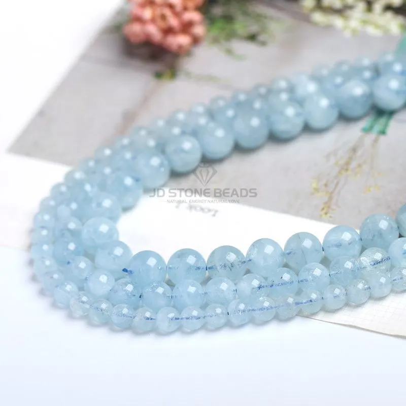 Natural Blue Aquamarine Stone Round Loose Spacer Smooth Beads Sea Water Gemstone For Jewelry Making 4 6 8 10mm DIY Accessories