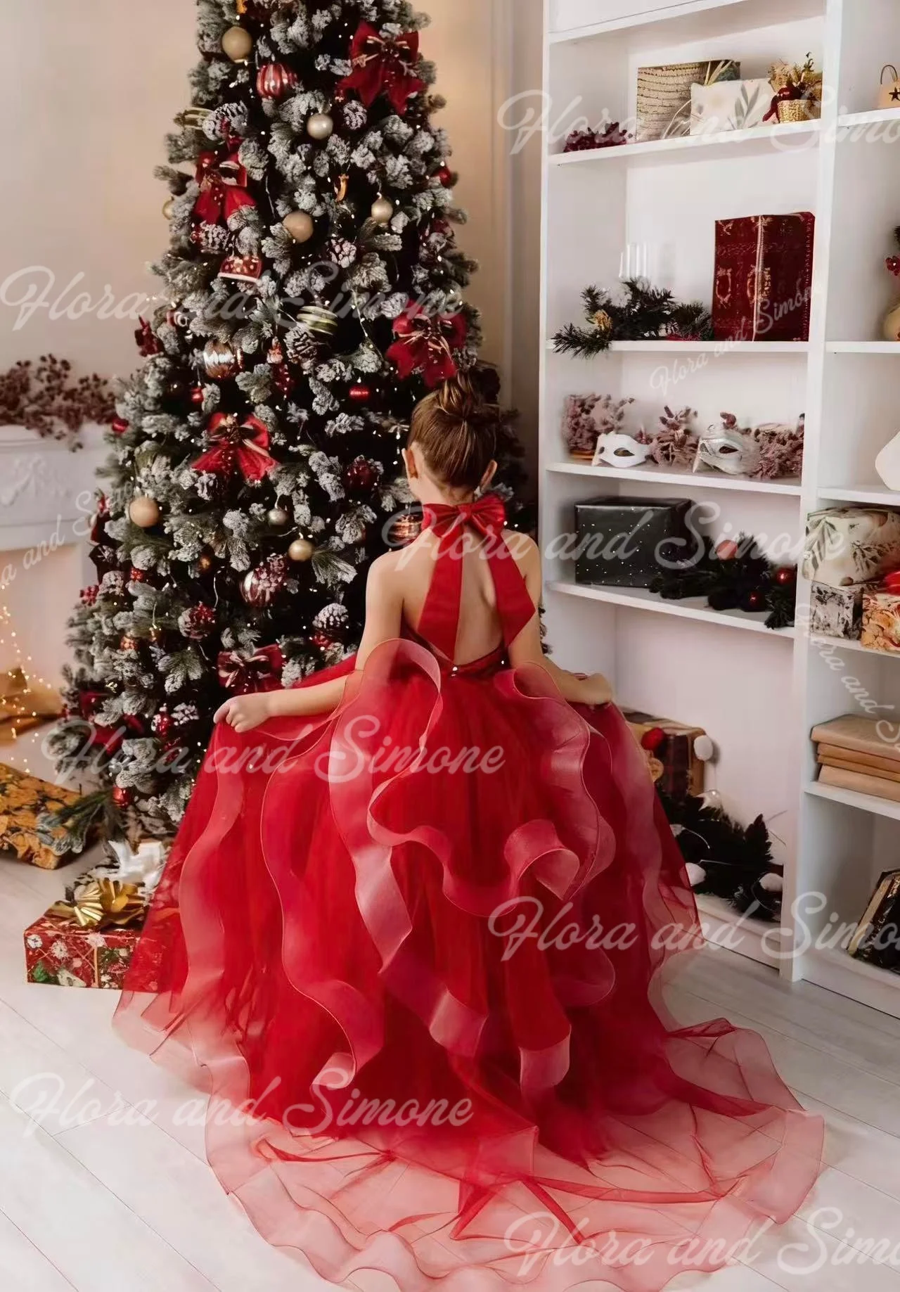 Customized Red chiffon Flower Girl Dress for Christmas celebration Holiday Celebrations  Dance Performances  Parties