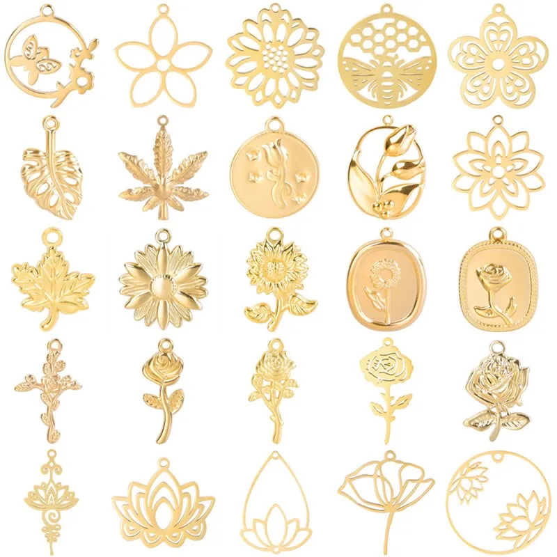 5 sztuk/partia 18k prawdziwe pozłacane róża lotos luzem Charms na materiały do ​​wyrobu biżuterii DIY słonecznik wisiorki wisiorek ze stali nierdzewnej