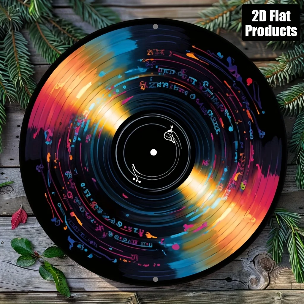 Aluminum Metal Round Wall Art, Vinyl Record Theme Home Bar Kitchen Coffee Shop Office Decoration, 20.32cm Flat Metal Plate
