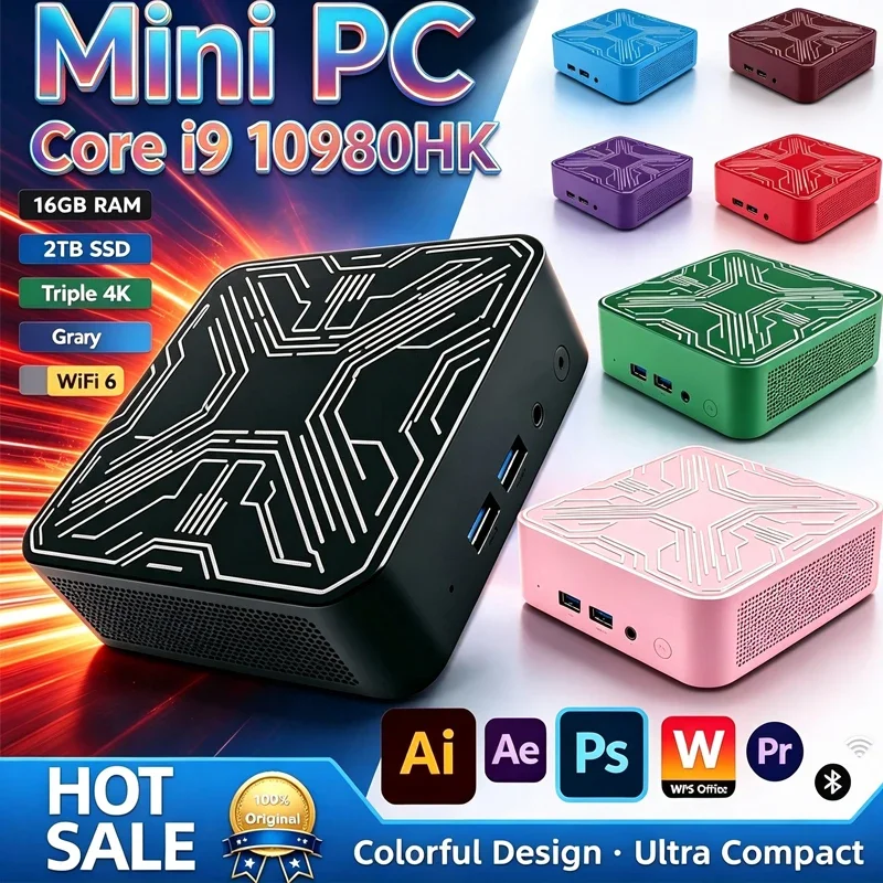 Portable Mini PC Intel Core i9 10980HK 2026 Ultra Compact 16GB M.2 NVMe SSD Triple 4K WiFi6 Silent Cooling Office Home Desktop