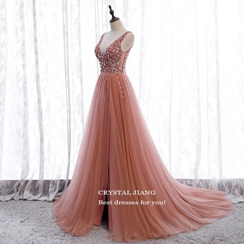 Sexy V Neck Delicate Crystal Beaded Prom Dresses Custom Made A Line Tulle Party Dress robes habillées