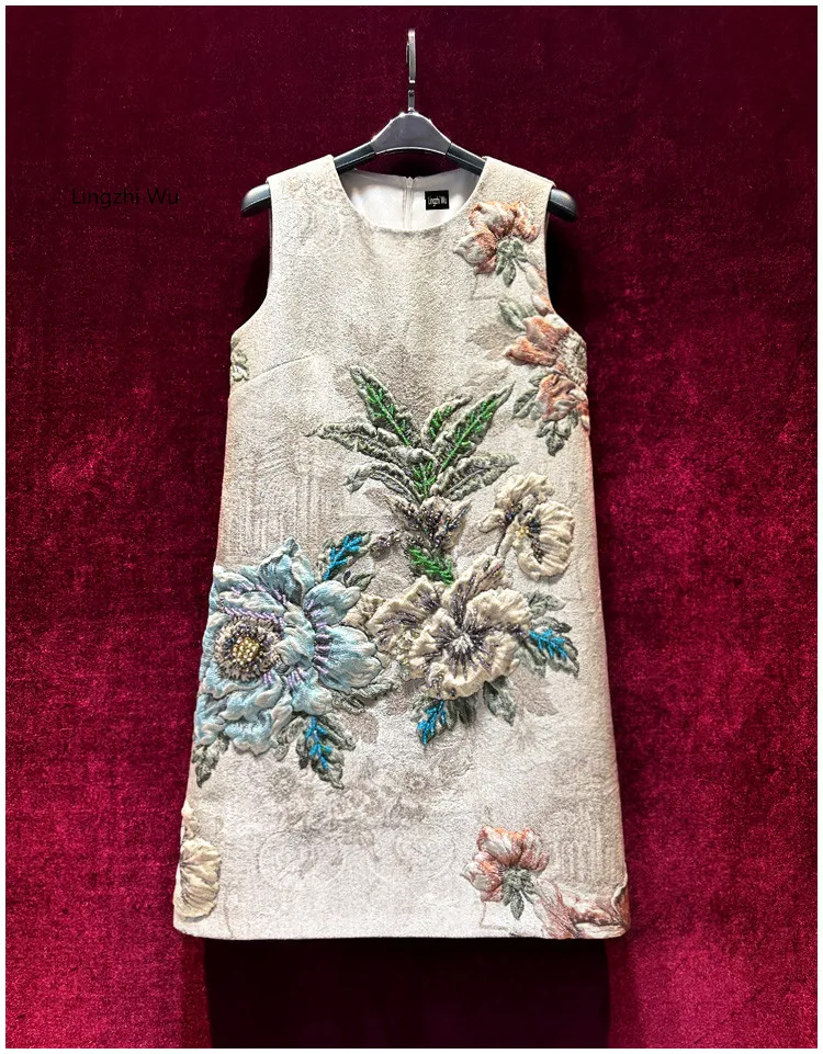 

Lingzhi Wu Jacquard Dress Vintage Chinese Style Handmade Beading Top Quality Sleeveless Dresses Tank Vestidos New Arrival