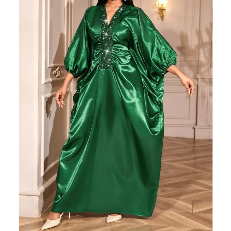 

Women Elegant Shiny Bubu Dresses Kaftan Brown Loose V Neck Traditional Africa Party African Boubou Gowns Female Event Fall New