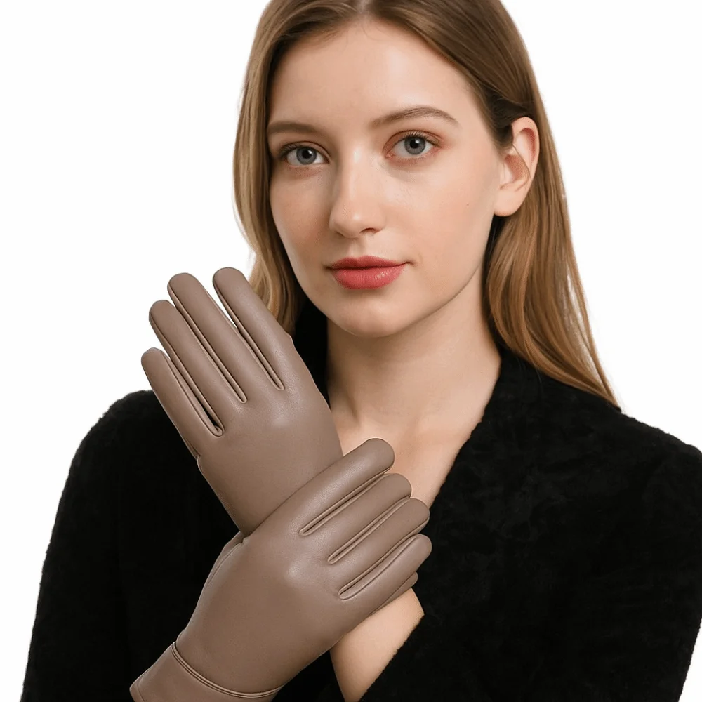 Elegant Solid Color Full Finger Mittens Button Thickened Women Leather Gloves PU Keep Warm Touch Screen Gloves Winter