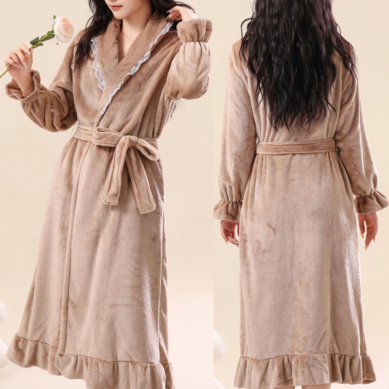 

Women Winter New Coral Fleece Long Robe Thick Warm Sleepwear Loungewear Sweet Princess Flannel Kimono Gown Bathrobe Nightgown