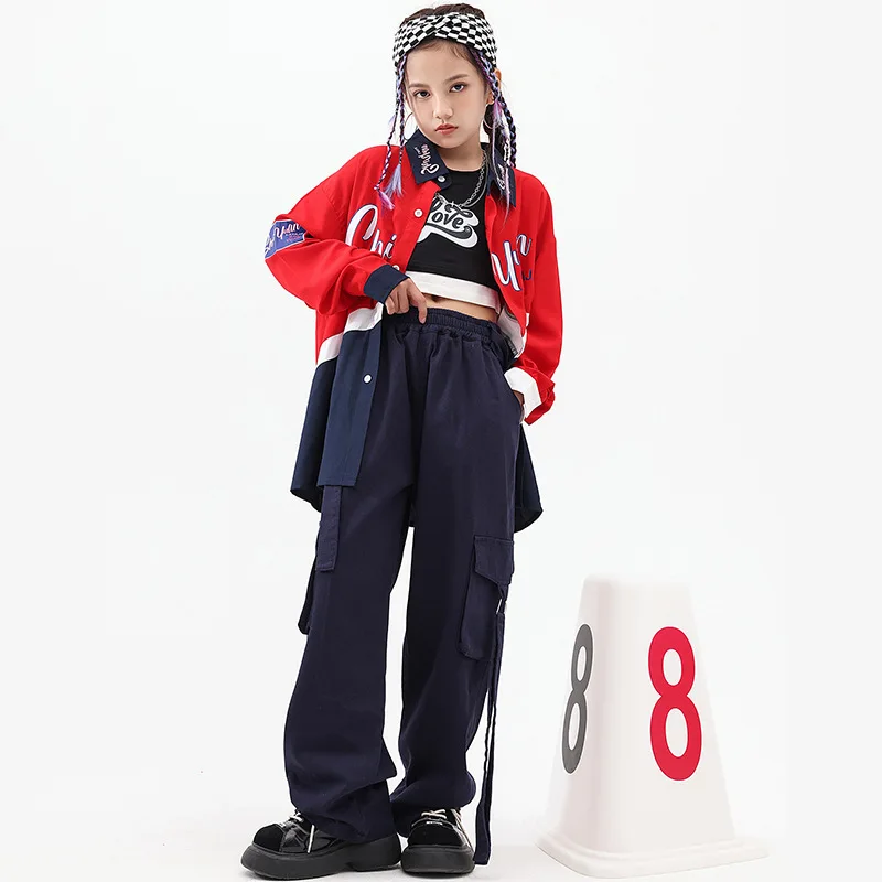 Kid Kpop Jazz Dance Costumes Girls Patchwork Shirt Black Tank Top Navy Blue Pant Streetwear Ballroom Hip Hop Dance Rave Clothes