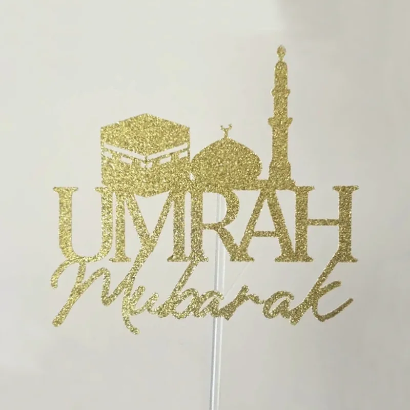 Golden Glitter Umrah Mubarak cake decoration, Happy Eid Mubarak, festive hajj party decoration supplies