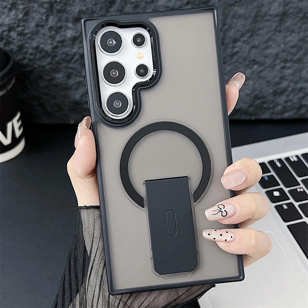 Luxus Matte Transluzente Klapp Ständer Telefon Fall Für S25 Samsung S25 S24 S23Plus Ultra Für Magsafe Drahtlose Lade Zurück Abdeckung