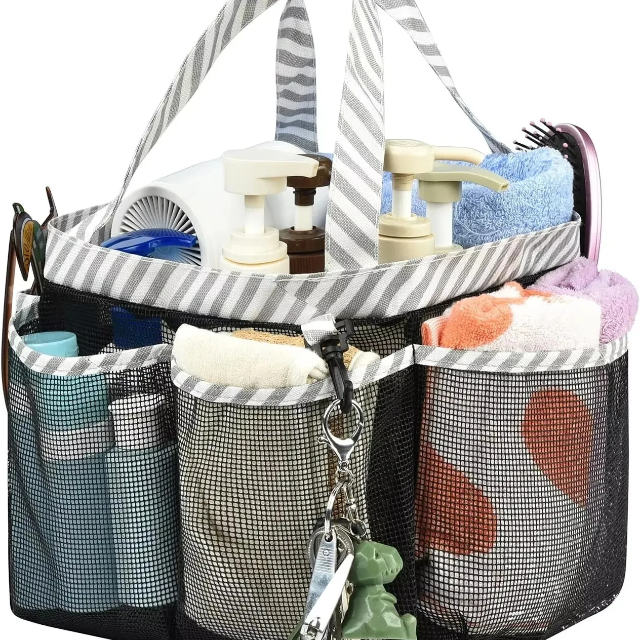 

Mesh Shower Caddy Tote, Portable College Bathroom Tote, Quick Hold , 8 Basket Pockets with Key Hook and 2 Oxford Handles-Black