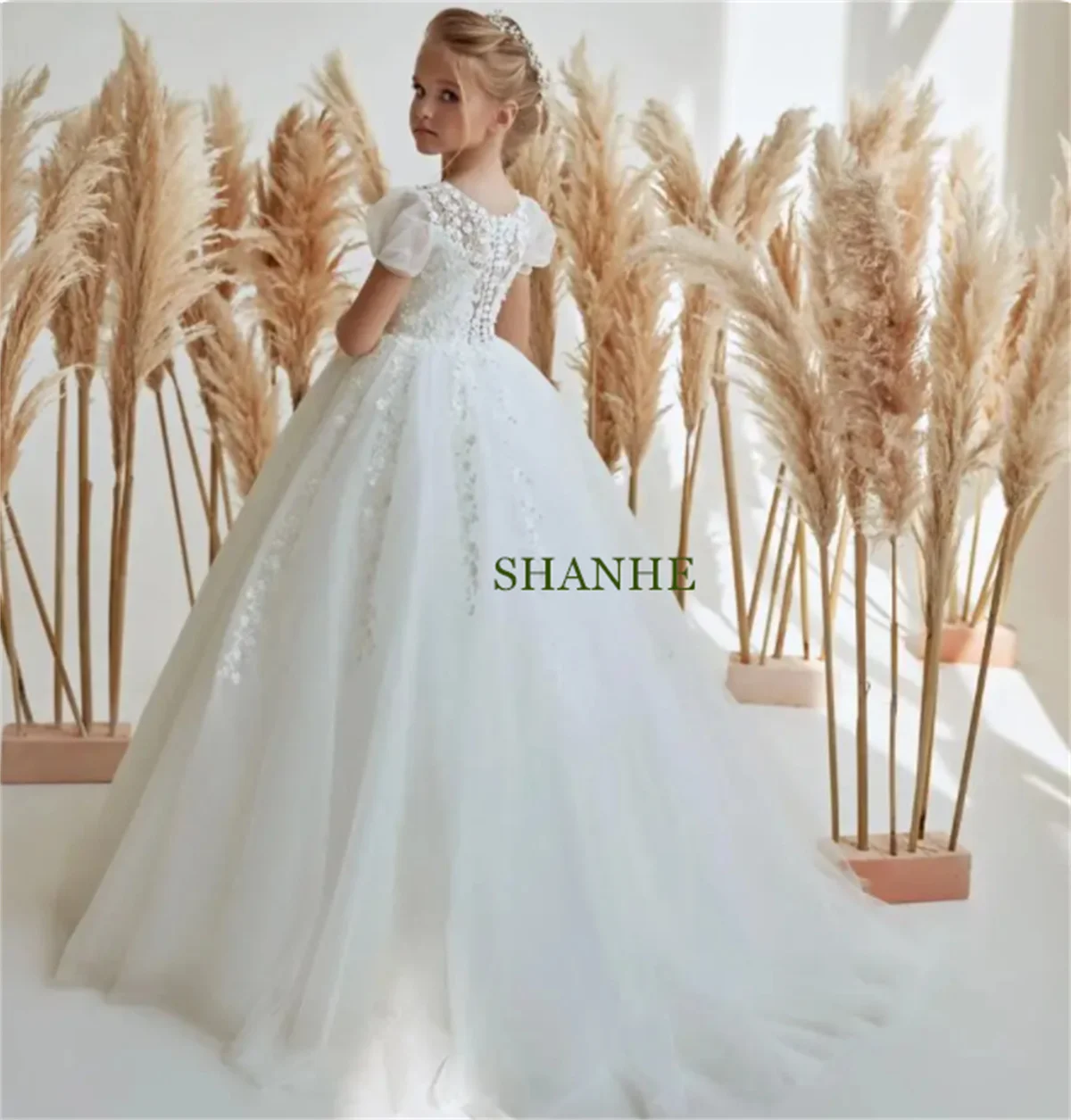 

CustomizedClassic White Flower Girl Dresses Short Sleeve Elegant Princess Satin Ball Gown For Kids Birthday Party First Communio