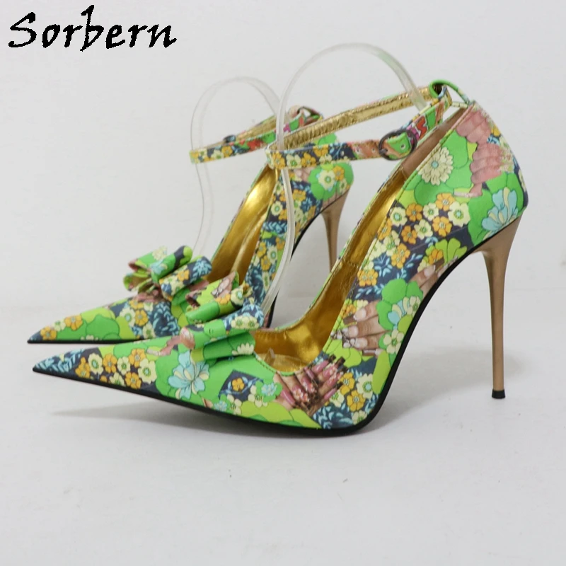 Sorbern Vintage Flower Print Women Pump Shoe Ankle Straps Pointed Toe 12Cm Metal High Heel Stilettos Bowknot Prom Party Heeled