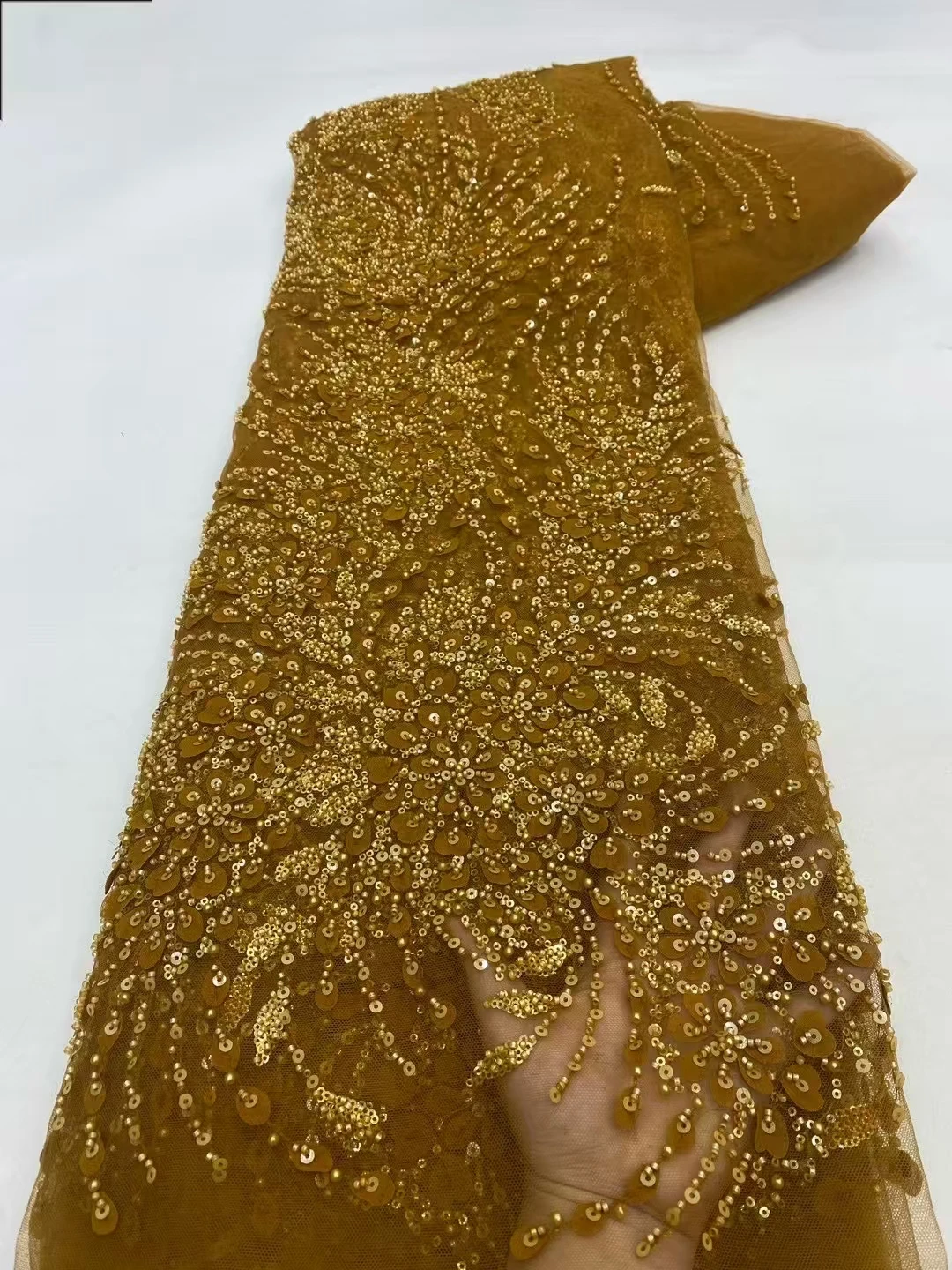 

Latest Luxury Handmade Beads Sequins French Lace Fabric 2025 High Quality Beaded African Nigerian Lace Fabric For Party KXX25126