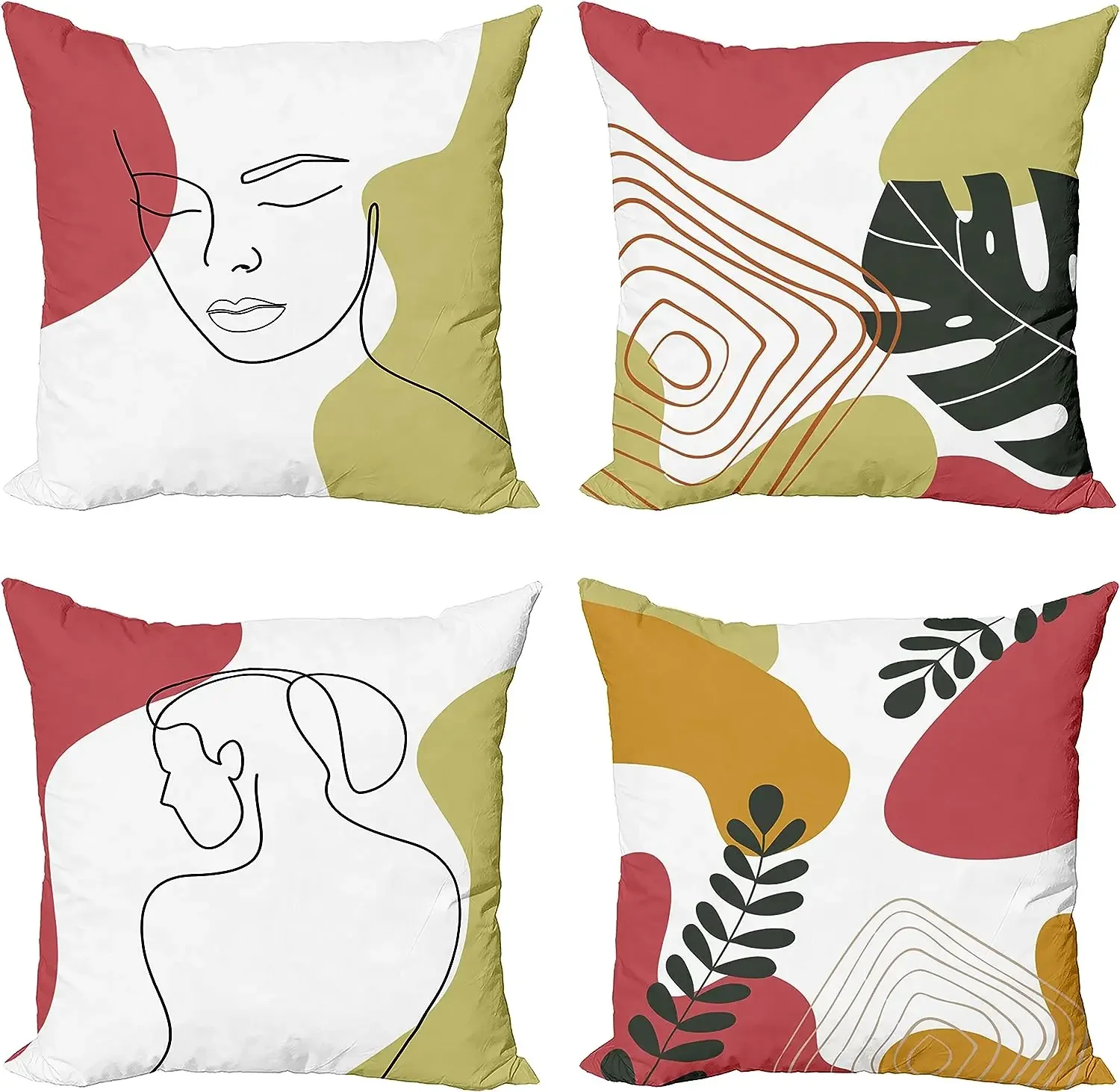 Modern Line Art Pillow Cover Cushion Cover Green Leaf Geometric Details, Digital Printing, Olive Green and Deep Coral