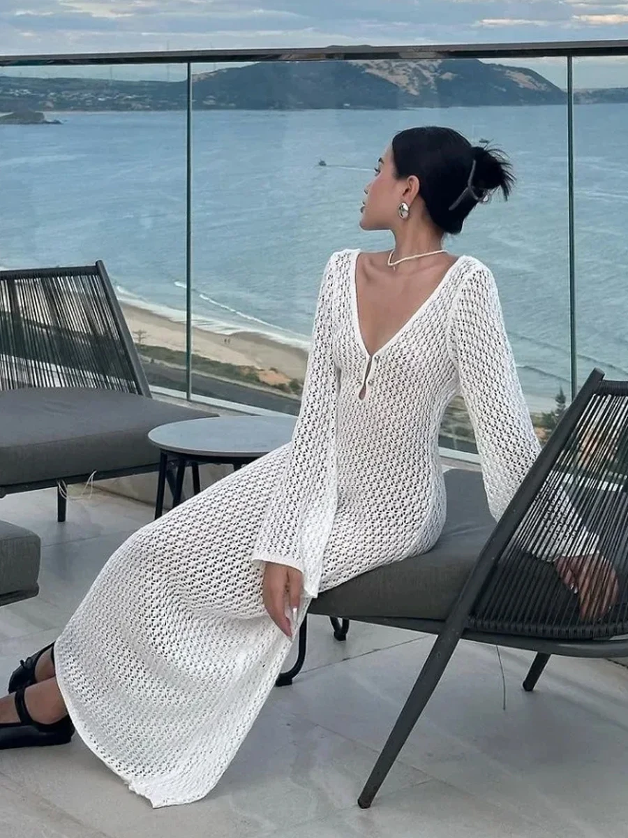 ชุดเดรสไหมพรมแขนยาวเปิดหลัง สไตล์แฟชั่นสำหรับผู้หญิง ชุดคลุมบิกินี่สำหรับวันหยุดพักผ่อนที่ชายหาด ป้องกันแสงแดด ดีไซน์หรูหรา