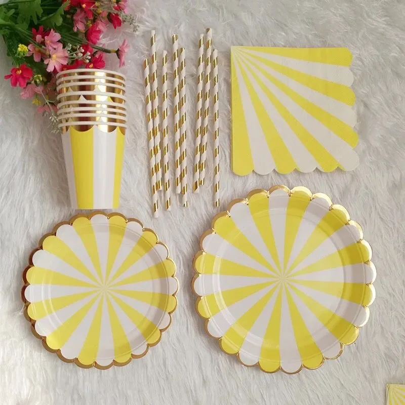 Yellow White Gold Striped Disposable Tableware Set Lemon Birthday Party Decor Paper Plates Cup Napkins Bee Yellow Party Supplies