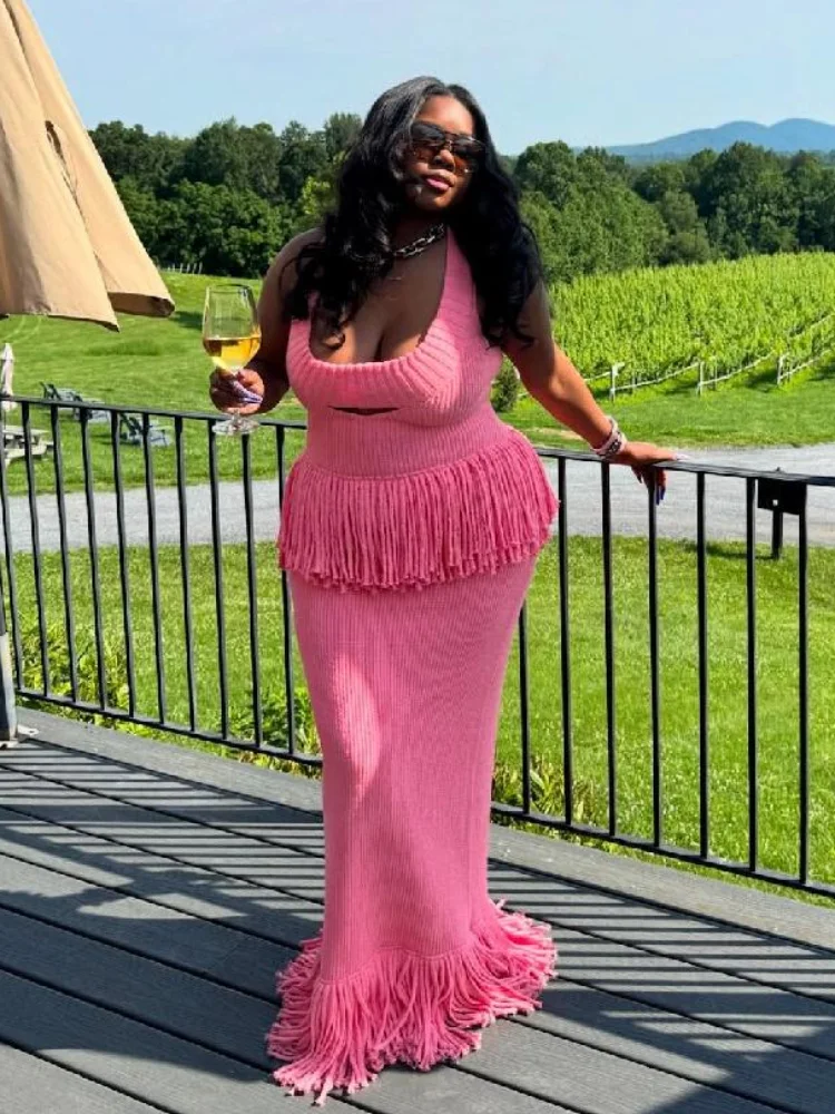 Chic Stylish Knitted Women's Dress Polka Dot Edgy V-neck Eye-catching Tassel Dresses Vacation Elegant Party Modest Streetwear