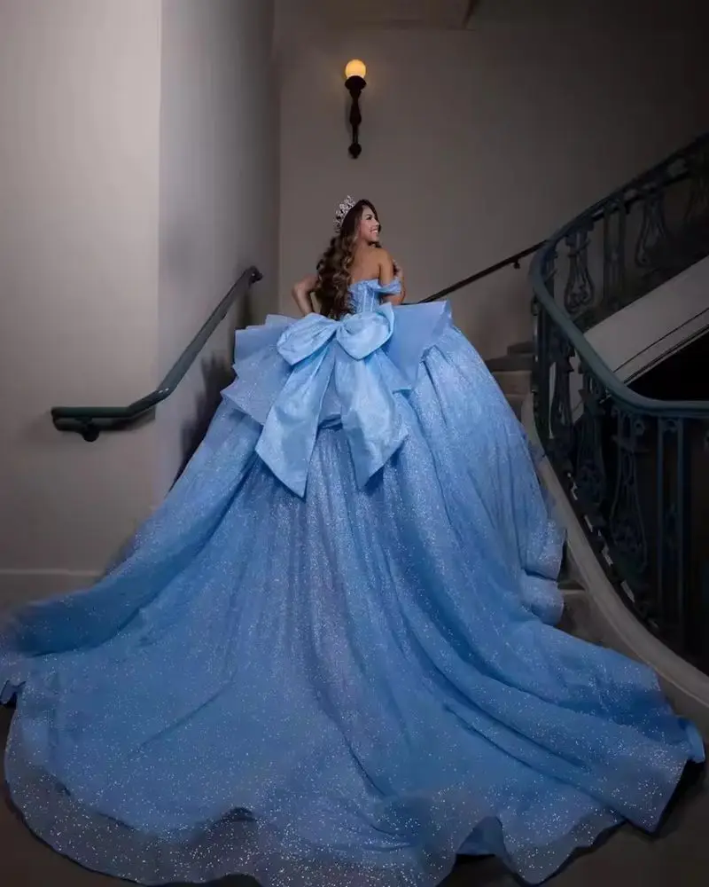 ANGELSBRIDEP Blauw Glinsterende Baljurk Quinceanera Jurken Vestidos De 15 Anos Kralen Boog Formele Verjaardagsfeestje Aangepaste