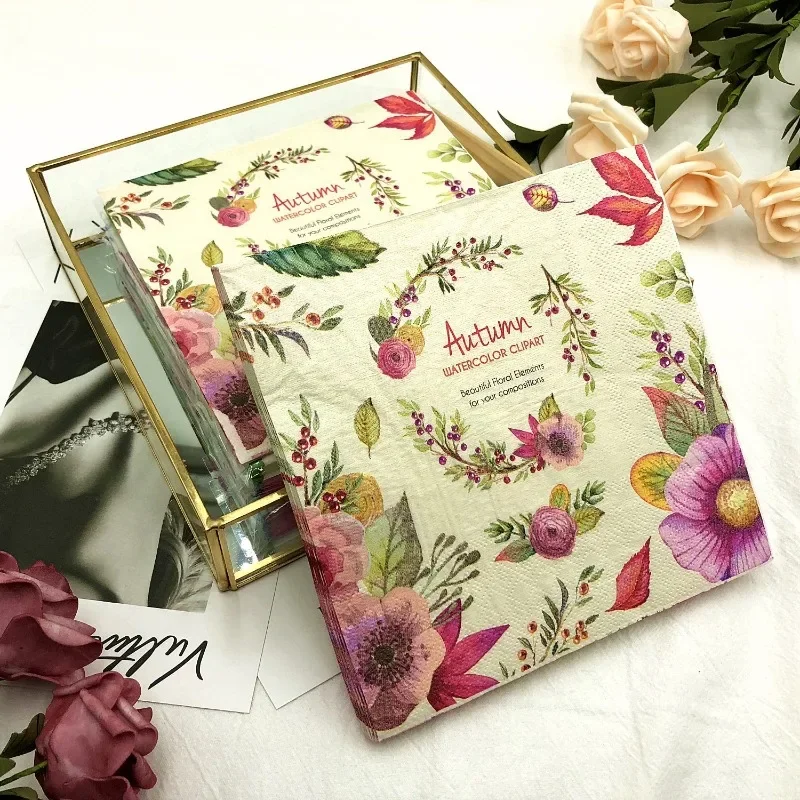 20pcs/Pac 33*33cm Colorful Printed Napkin Wreath Folded Square Flower Paper Table Setting Wine Glasses Decorative Paper Napkins