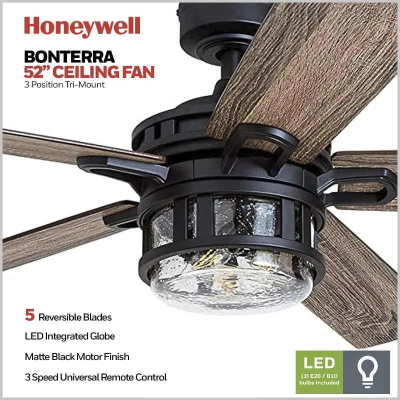 Honeywell Ceiling Fans Bonterra, 52 Inch Contemporary Indoor LED Ceiling Fan with Light and Remote Control, Dual Finish Blades