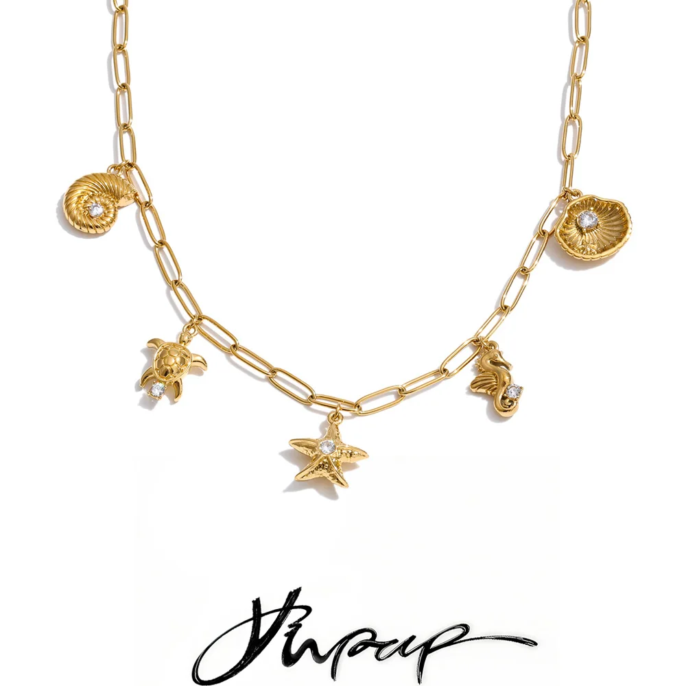 Yhpup Ocean Series Edelstahl Zirkonia Muschel Seestern Anhänger Halskette 16K Gold Platin PVD-Beschichtet Sommer-Schmuck