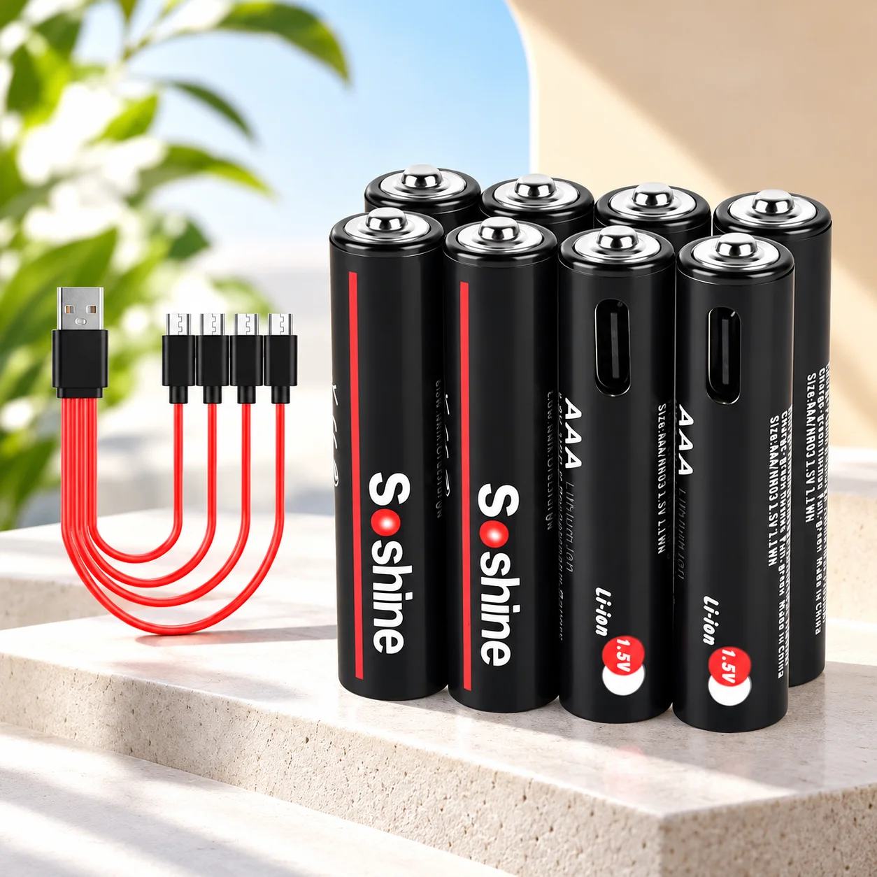 1100mWh AAA 1.5V Rechargeable Li-ion Batteries with 4-in-1 USB Cable for Flashlights, Cameras and Toys, Soshine 4-Pack